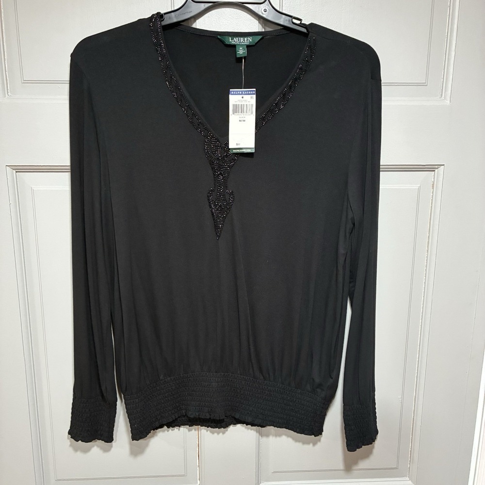 Ralph Lauren Women Black Top Beaded Details Medium Long Sleeve Lounge Relaxed